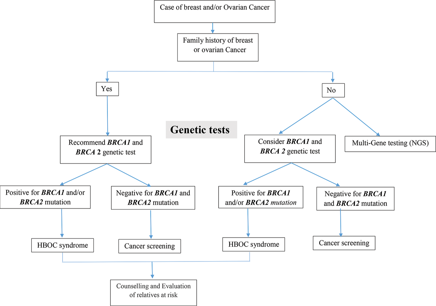 Proposed algorithm for hereditary breast and ovarian cancers screening and counseling. NGS: Next generation sequencing, HBOC: Hereditary breast and ovarian cancer.